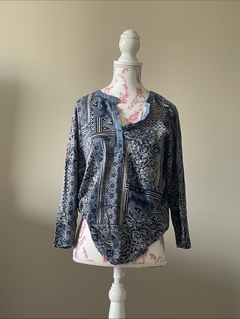 Women's Ralph Lauren Blue Paisley Henley Long-Sleeve Top